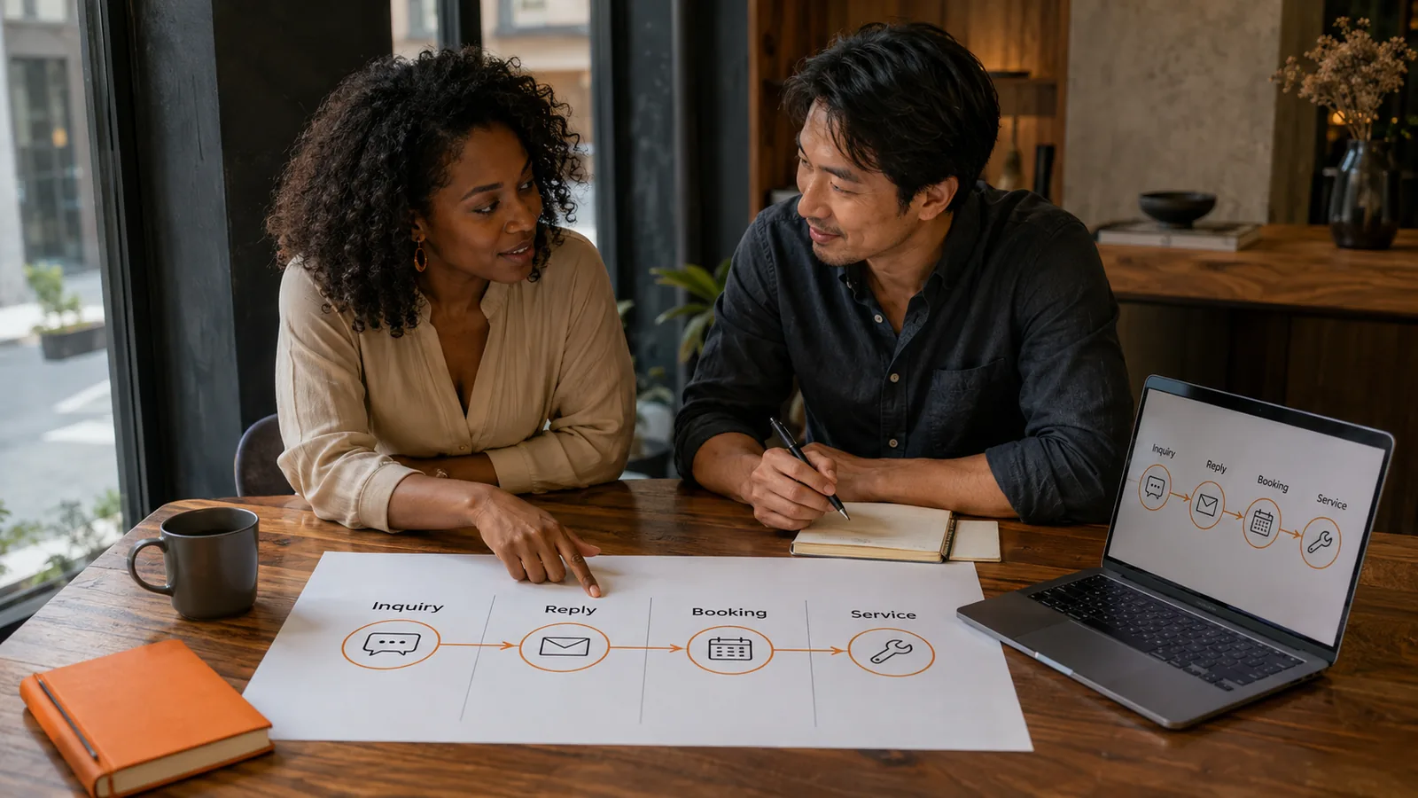 A business owner and specialist map the steps from inquiry and reply to booking and service.