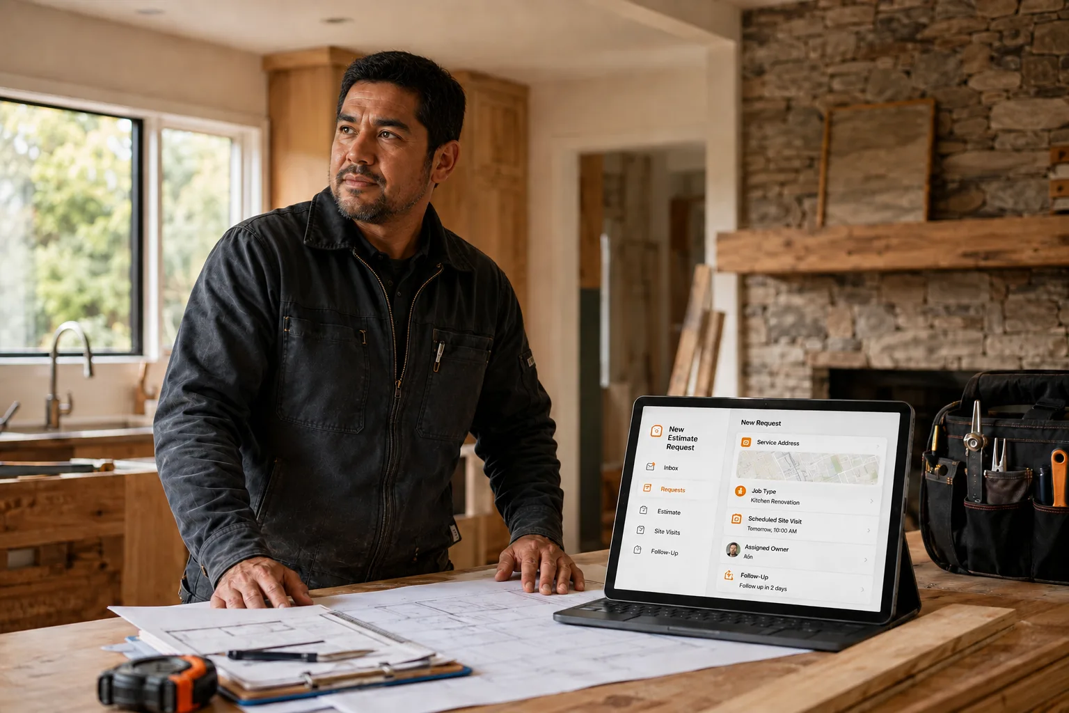 Contractor reviewing an organized estimate request and follow-up schedule at a residential renovation site