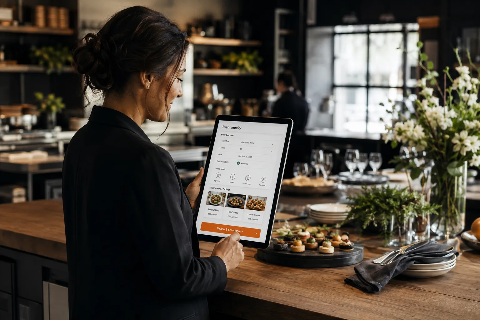 Catering operator reviewing event details, menu options, and availability in a structured inquiry