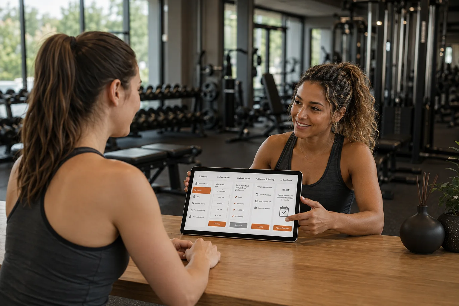 Wellness studio owner guiding a prospective client through consultation, intake, and appointment steps