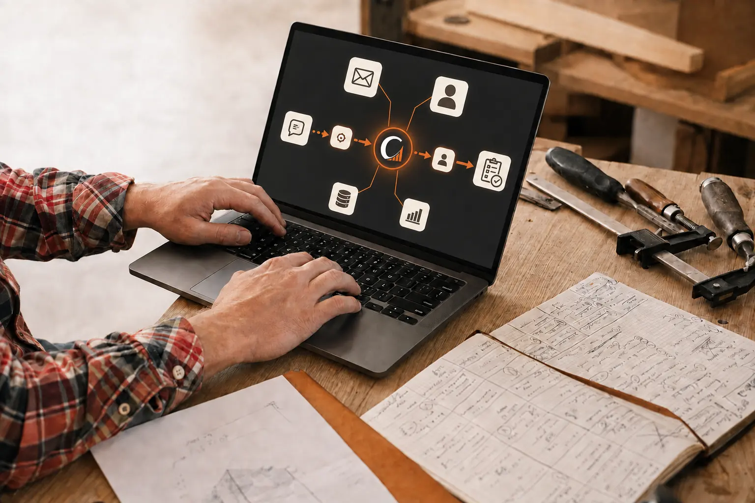 Workshop laptop showing six system nodes connected to a glowing Cenlyx automation hub with a highlighted trigger and follow-up path.