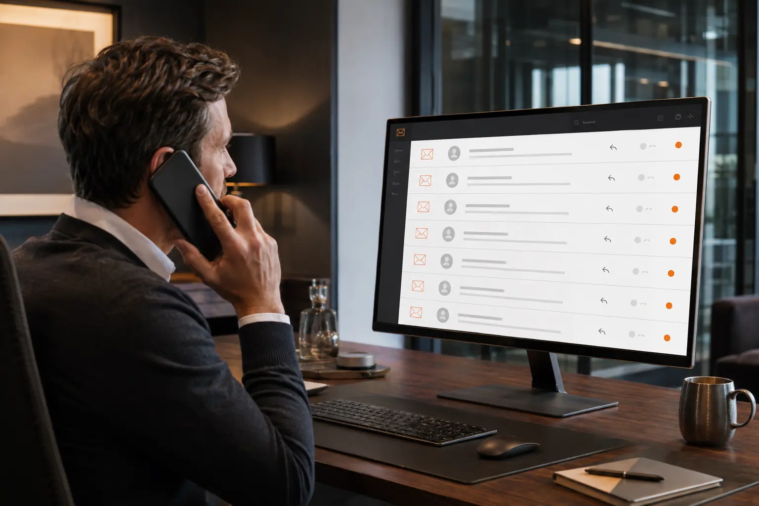 Sales representative on a phone call while reviewing an organized email activity log with delivery and follow-up states on a desktop monitor.