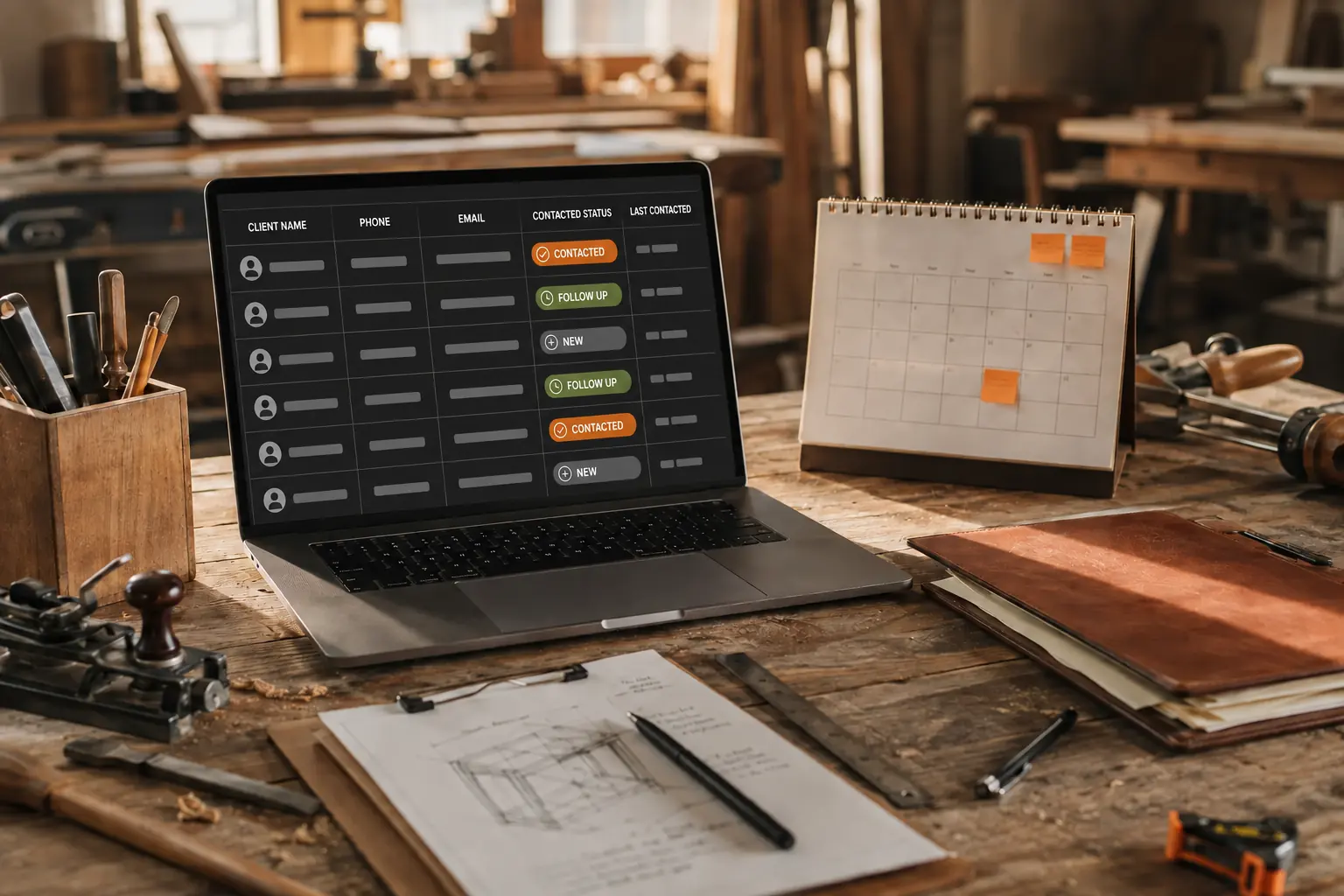 An anonymized CRM contact table organizing client name, phone, email, contacted status, and last-contacted fields on a workshop laptop.