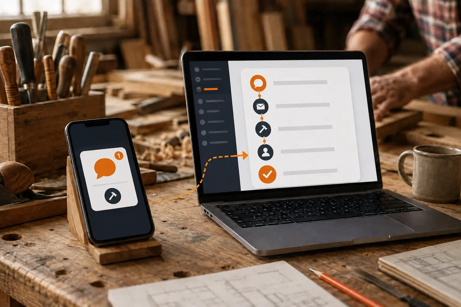 Customer inquiry moving from a phone into a structured laptop record with source, contact, service, owner, and next-step fields.