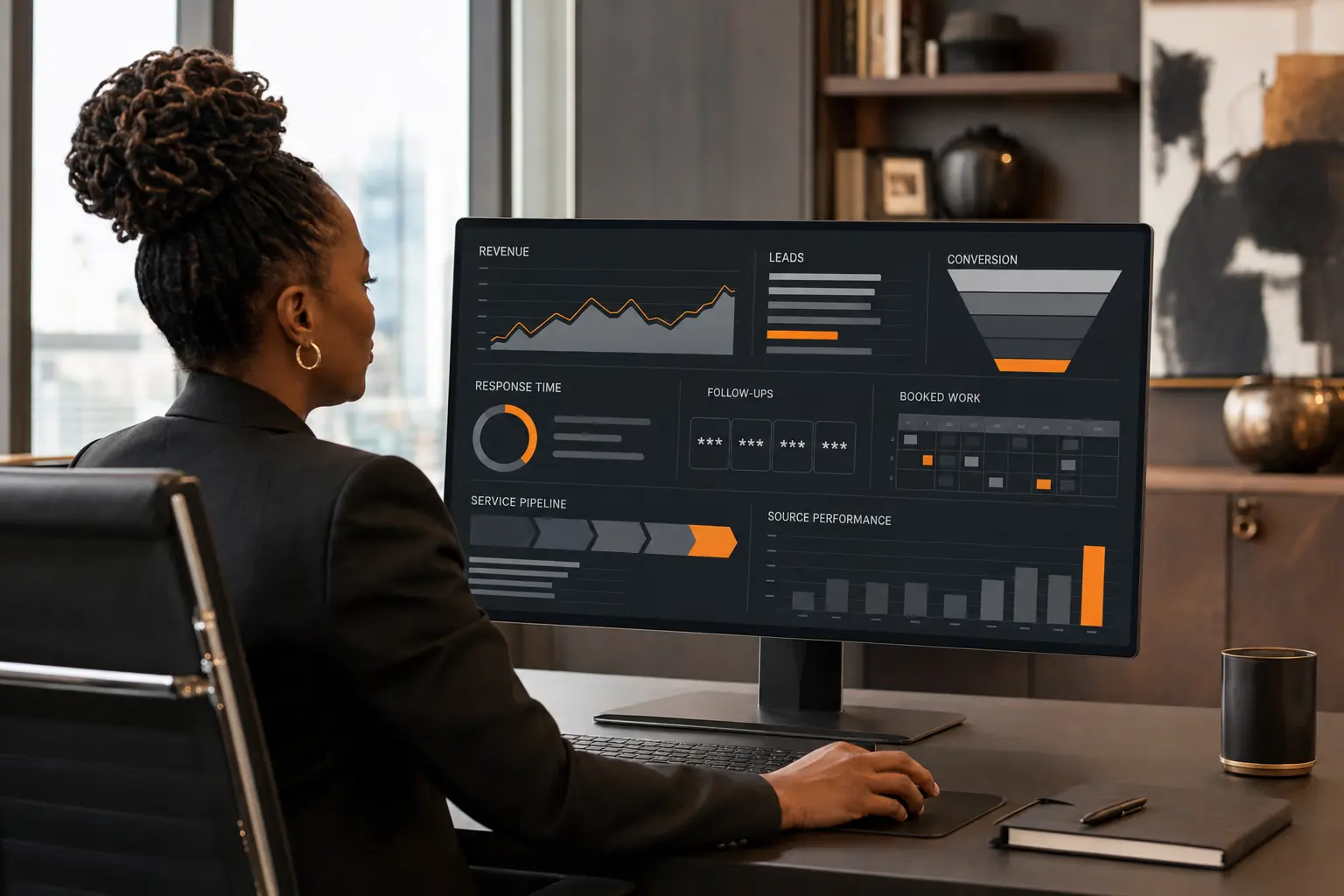 Black woman business owner reviewing a reporting dashboard for revenue, leads, conversion, response time, follow-ups, booked work, service pipeline, and source performance.