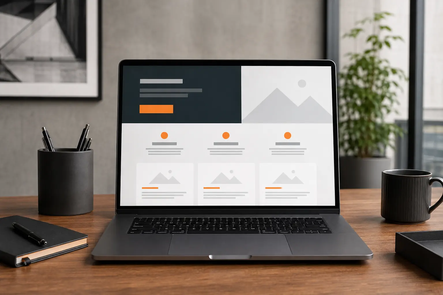 Clean office laptop showing a sample landing page organized into a hero, trust indicators, and structured service panels.
